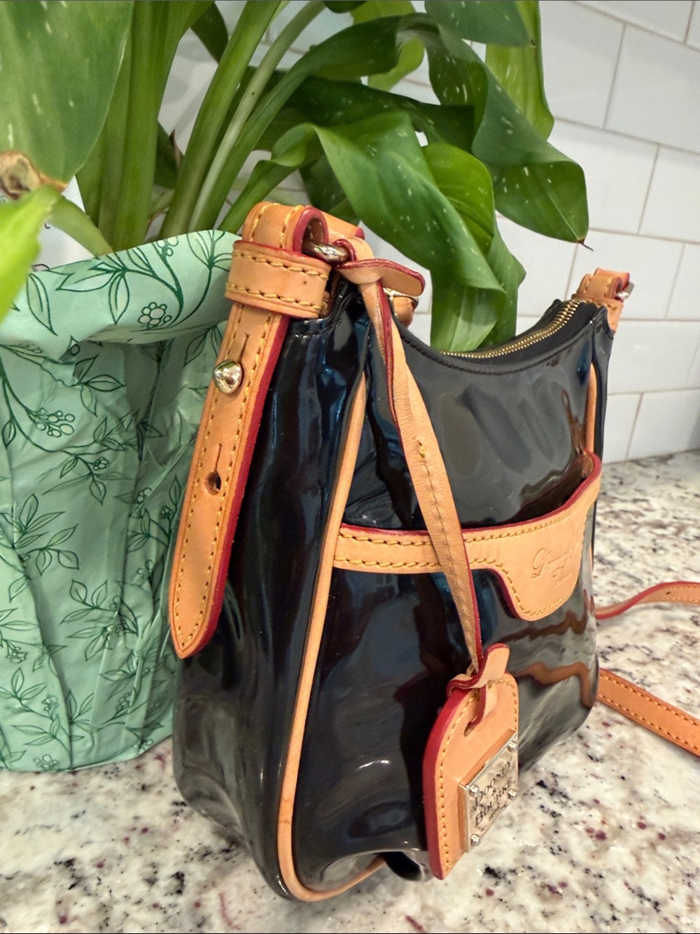 Dooney & Bourke Black Patent Crossbody with Tan Trim - Picture 6 of 15